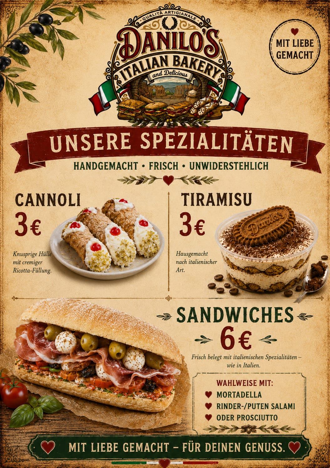 Danilo's Italian Bakery Flyer mit Spezialitäten: Cannoli, Tiramisu und Sandwiches