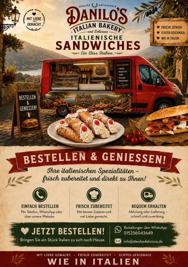Danilo's Italian Bakery Flyer Vorderseite mit Foodtruck, Cannoli und Sandwich